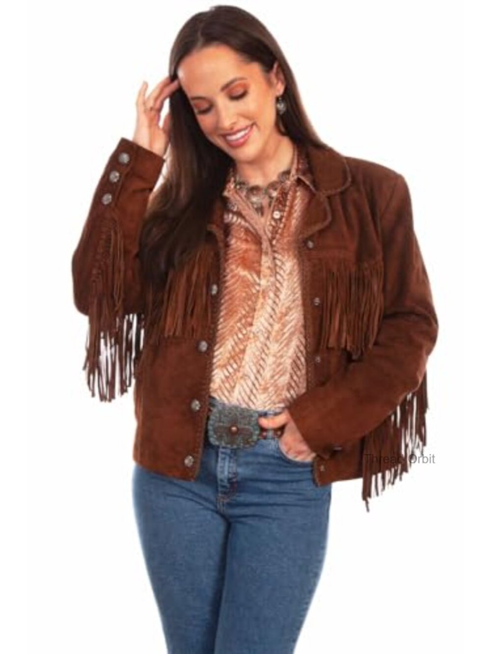 Women's Suede Fringe Jacket with Snap Front Closure